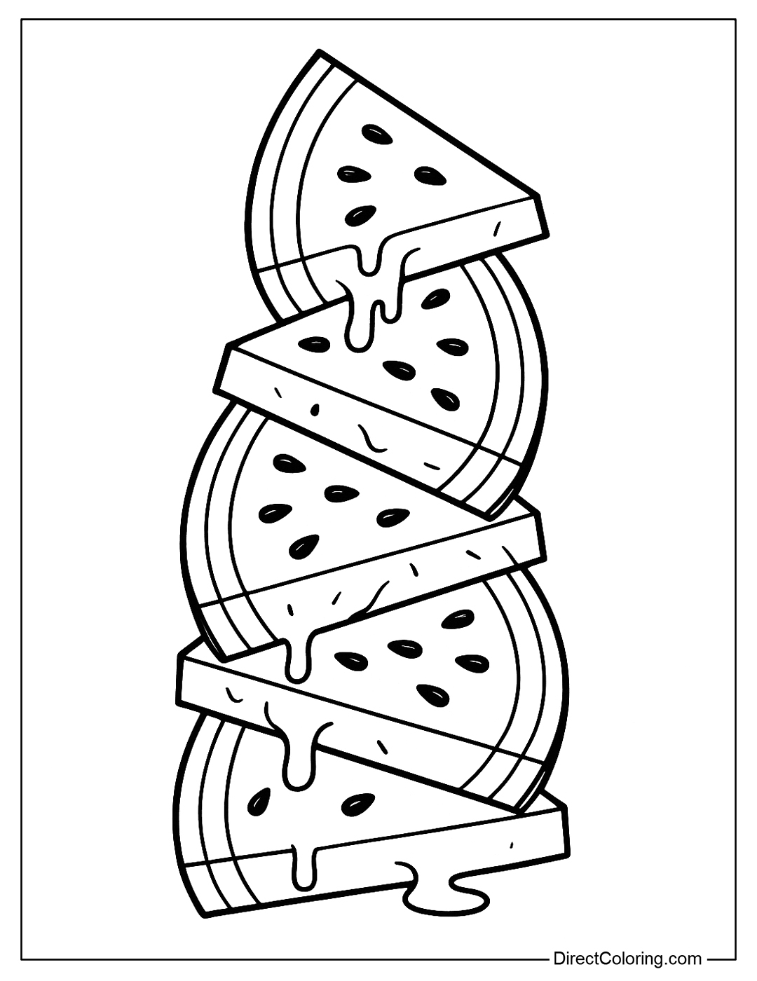 A coloring page of slices of watermelon that are dripping with water, arranged like a leaning tower.